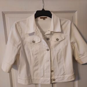 Ladies short sleeve white denim jacket, silver sparkle buttons  size M